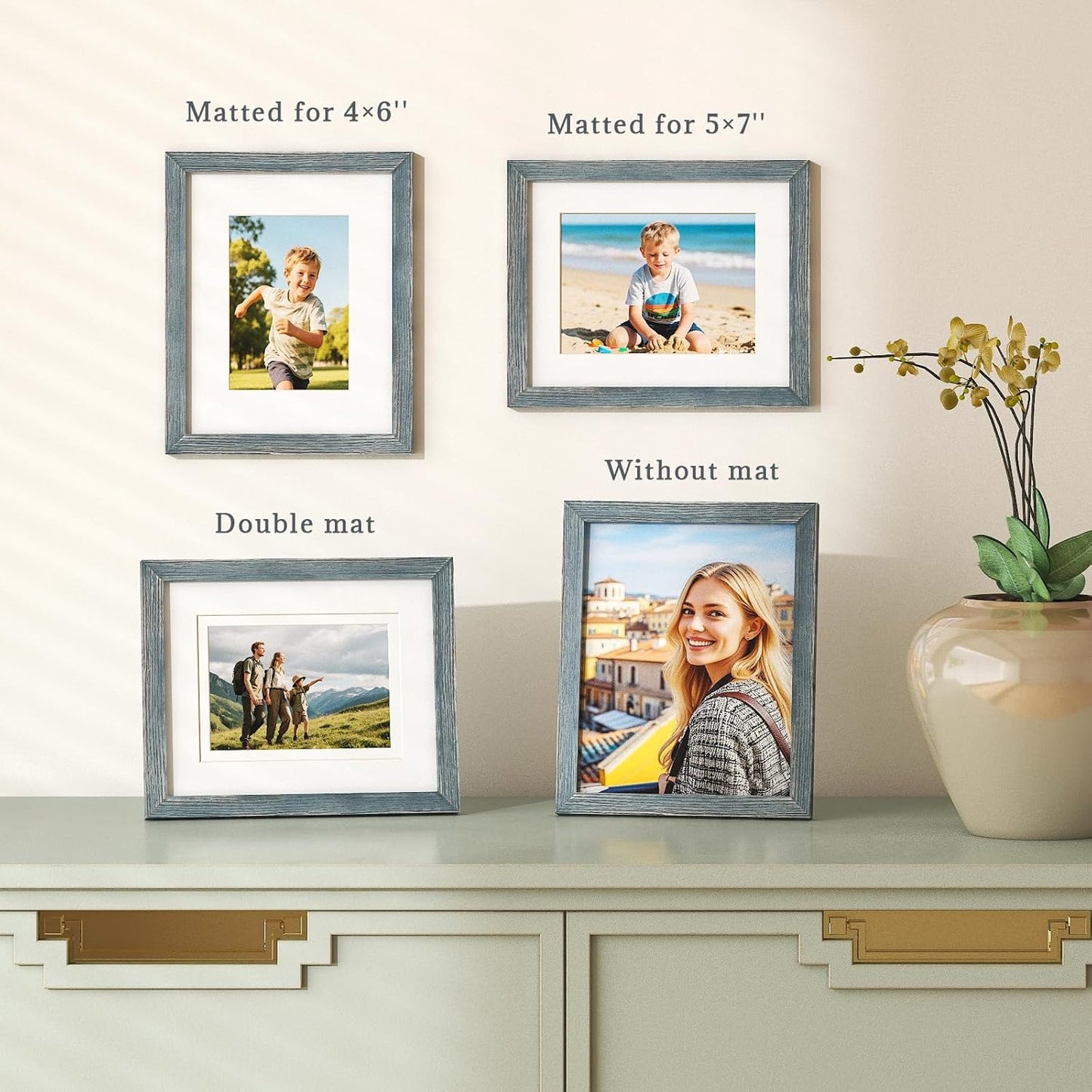Egofine 8x10 Picture Frames Set of 4, Made of Solid Wood Covered by Plexiglass 4x6 and 5x7 with Mat or 8x10 without Mat, for Table Top Display and Wall Mounting Photo Frame Rustic Blue