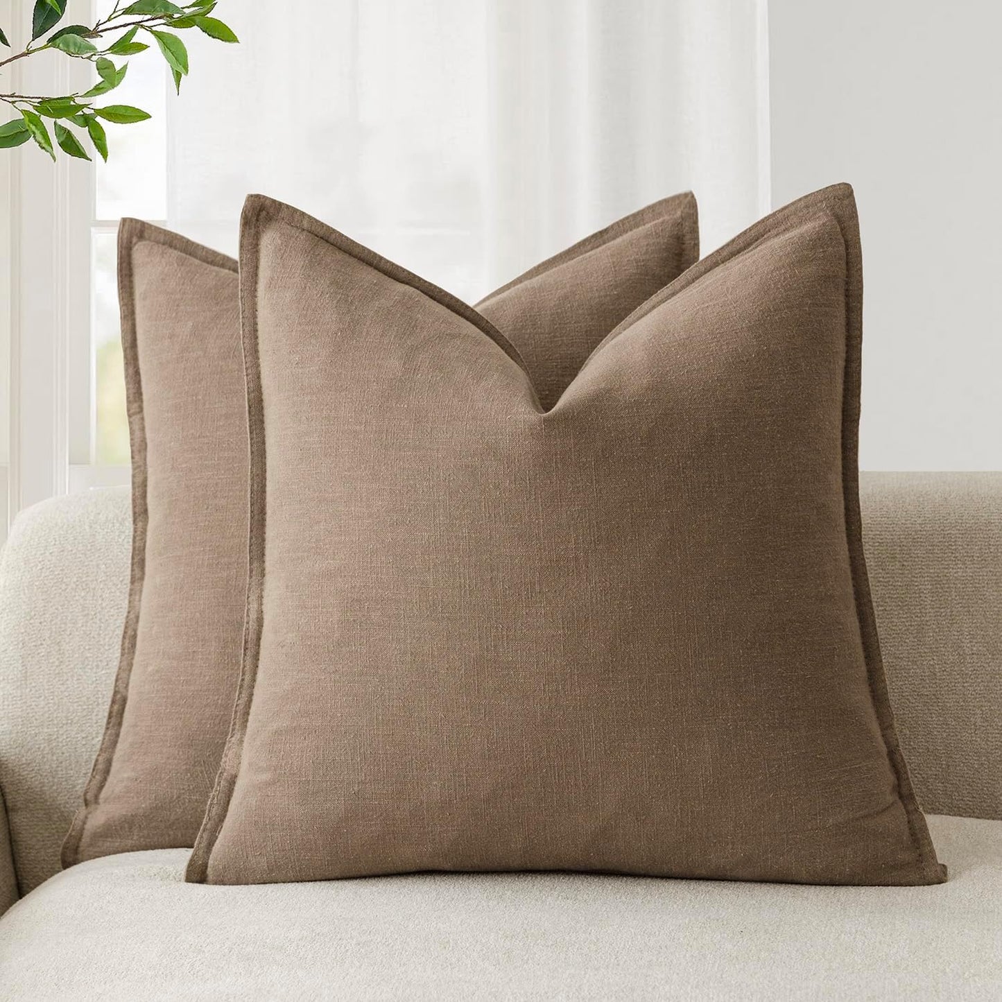 Foindtower Pack of 2, Decorative Linen Soild Throw Pillow Covers Soft Accent Cushion Case Boho Farmhouse Neutral Pillowcase for Chair Couch Sofa Bedroom Living Room Home Decor 18 x 18 Inch Light Brown