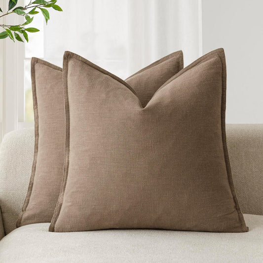 Foindtower Pack of 2, Decorative Linen Soild Throw Pillow Covers Soft Accent Cushion Case Boho Farmhouse Pillowcase for Couch Sofa Bedroom Living Room Home Decor 22 x 22 Inch Light Brown