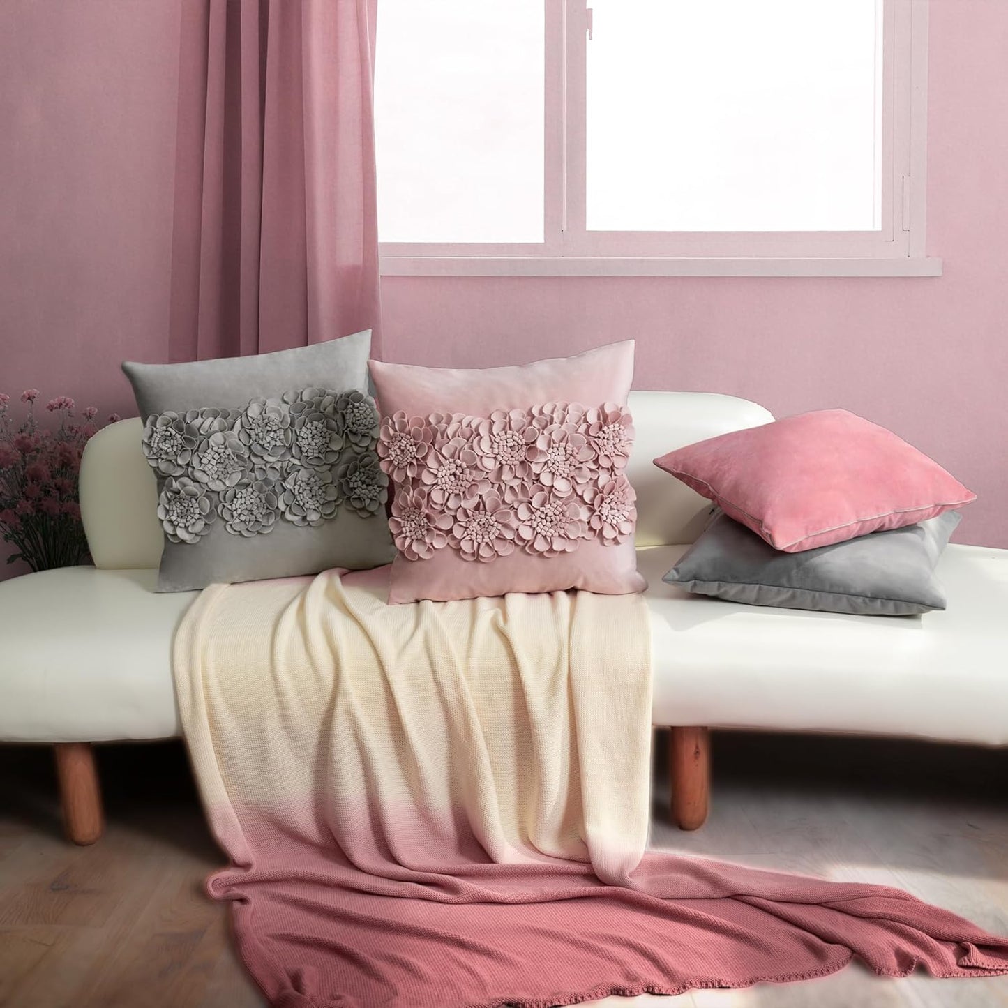 JWH Handmade 3D Flower Throw Pillow Covers Aesthetic Decorative Colorful Floral Accent Pillow Cases Stereo Pillowcase Cute Cushion for Car Bed Couch Bedroom Sofa 18x18 Inch Dusty Pink