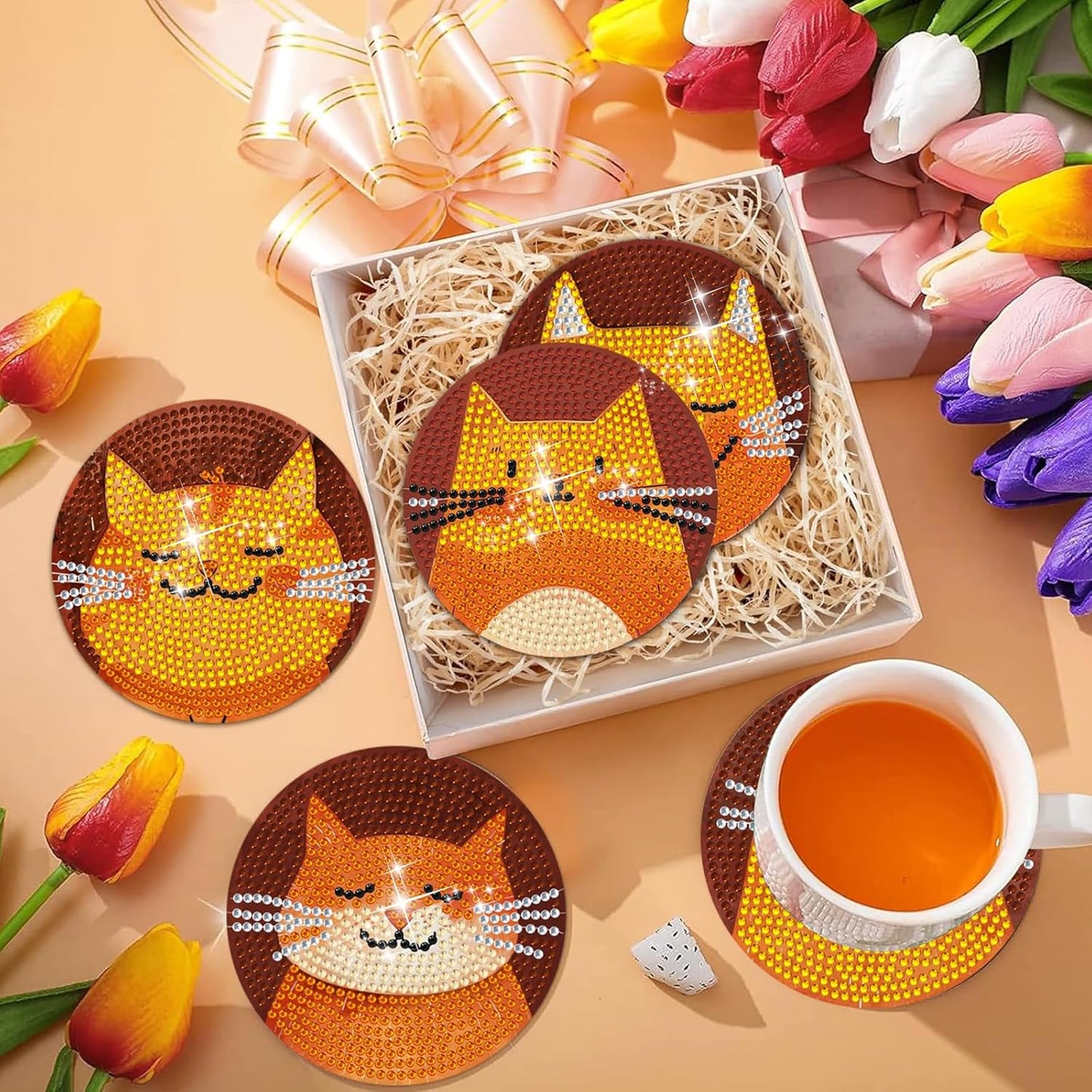 DOZEEZOP 6 PCS Diamond Art Coasters Kit, Diamond Painting Coasters with Holder, Fall Diamond Art Kits for Adults Beginners, Arts and Crafts Supplies Party Item Sets Cats