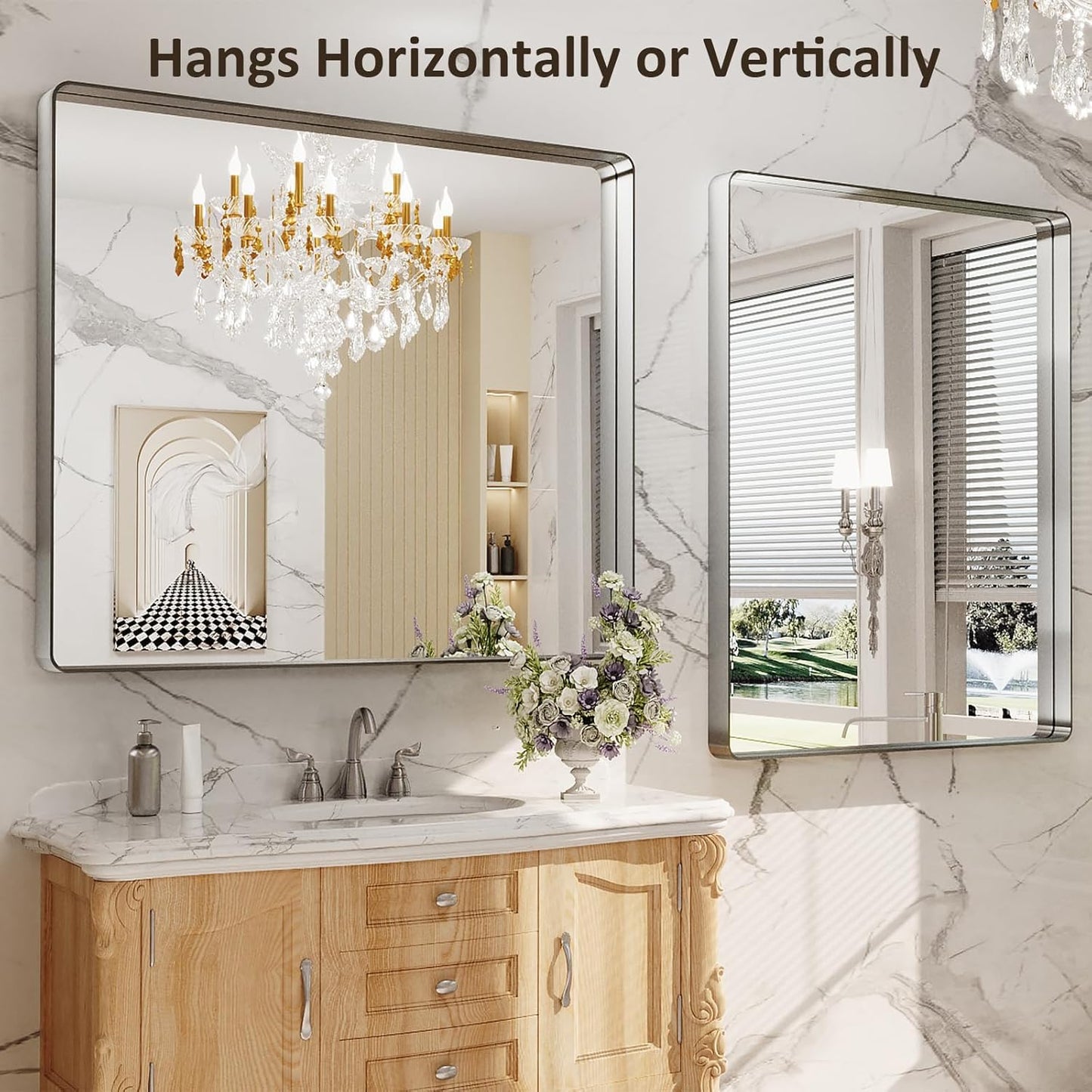 LOAAO 40X36 Inch Brushed Nickel Bathroom Mirror, Rounded Rectangle Silver Metal Frame Mirror, Brushed Nickel, Anti-Rust, Shatter Proof, Hangs Horizontally or Vertically