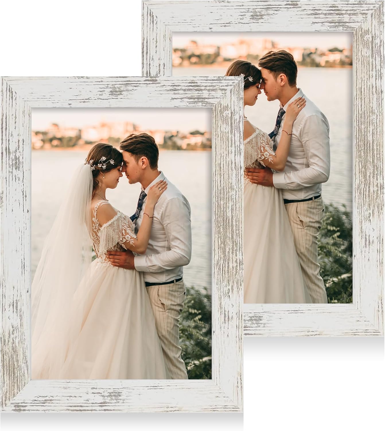 iRahmen 6x9 Picture Frame Set of 2, Distressed White Frame with HD Glass, Wood Rustic Photo Frames for Horizontal or Vertical Tabletop and Wall Mounting