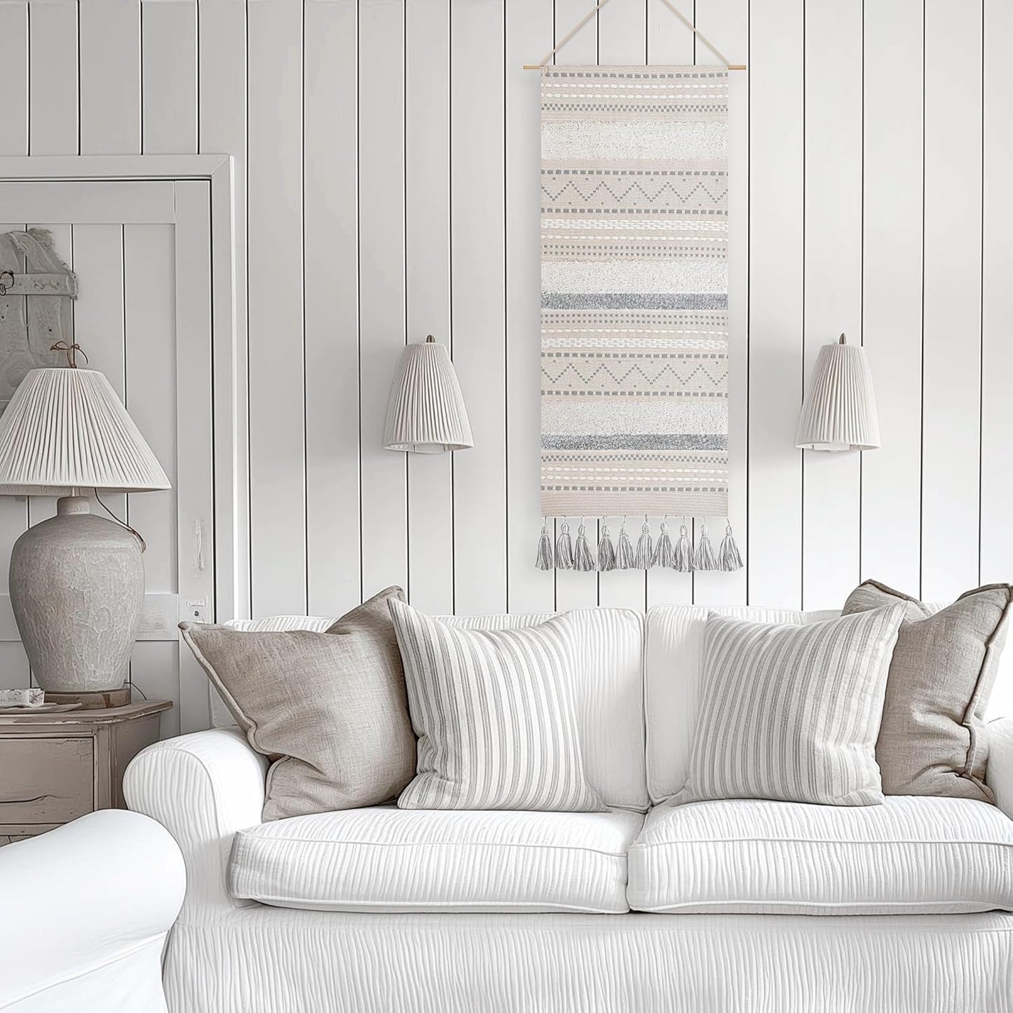 BlissBlush Long Vertical Wall Hanging Tapestry Woven Boho Farmhouse Decor Gray Cream Tassel Handmade Wall Art Decoration for Bedroom Living Room Dorm Nursery Apartment, 16x39 INCH