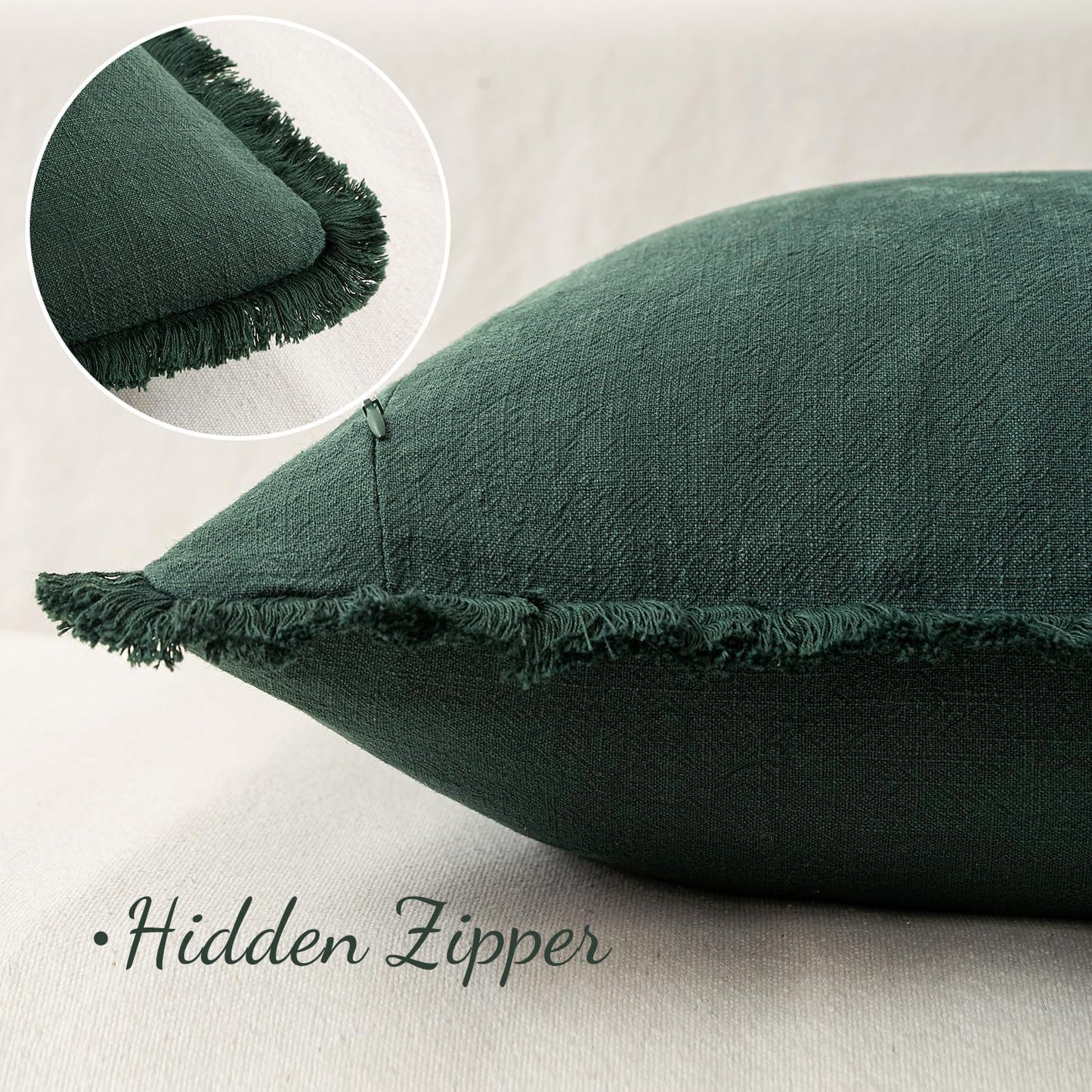 MIULEE Linen Pillow Covers 18x18 Inch Decorative Throw Pillows with Fringe Pack of 4 Soft Farmhouse Boho Couch Pillows Home Decors for Sofa Cushion Living Room Bed Dark Green and Red