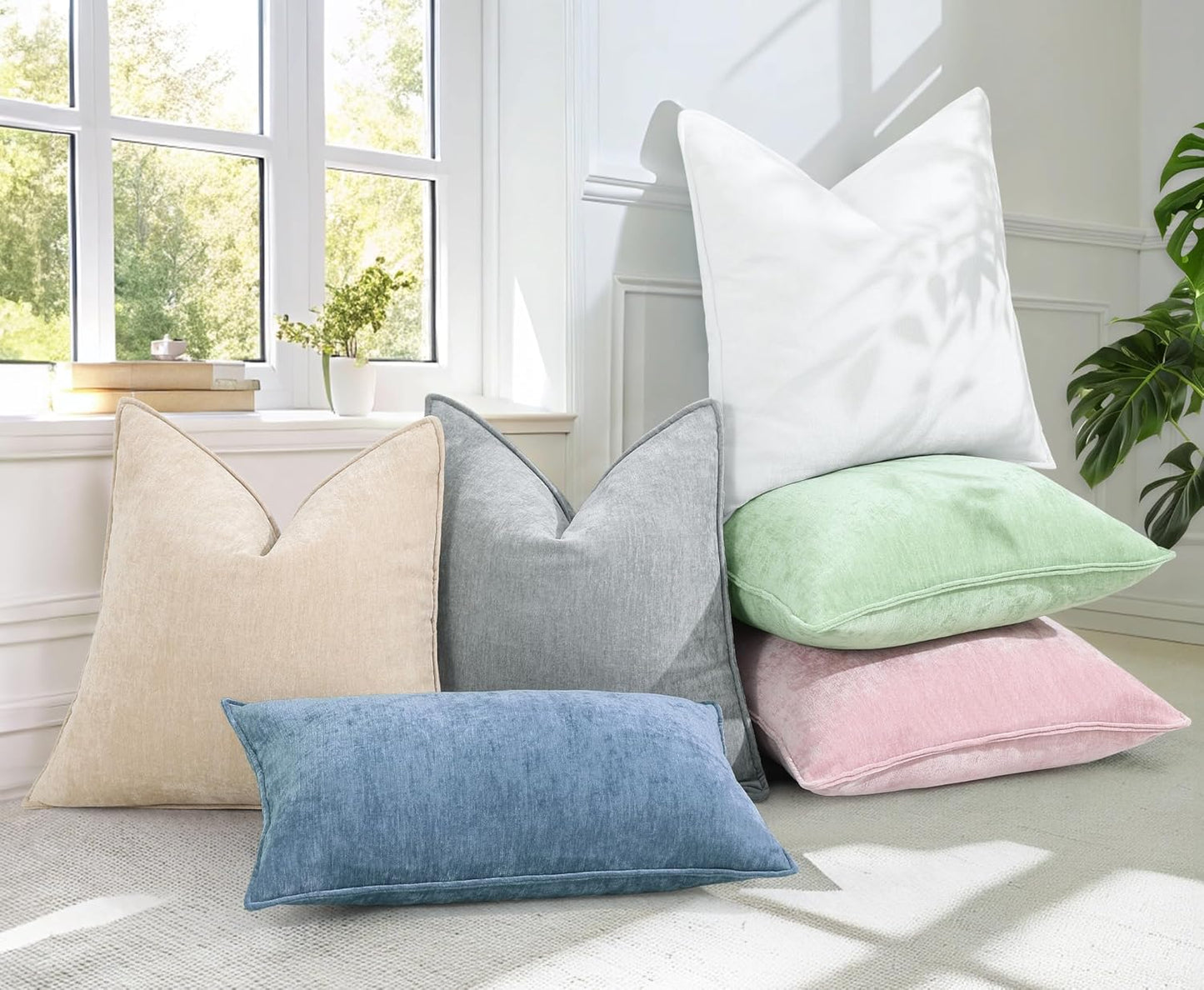 decorUhome Couch Throw Pillow Covers 16x16 Set of 2, Decorative Soft Euro Neutral Chenille Pillow Covers with Elegant Design for Sofa Bed Living Room Home Decor, Blue