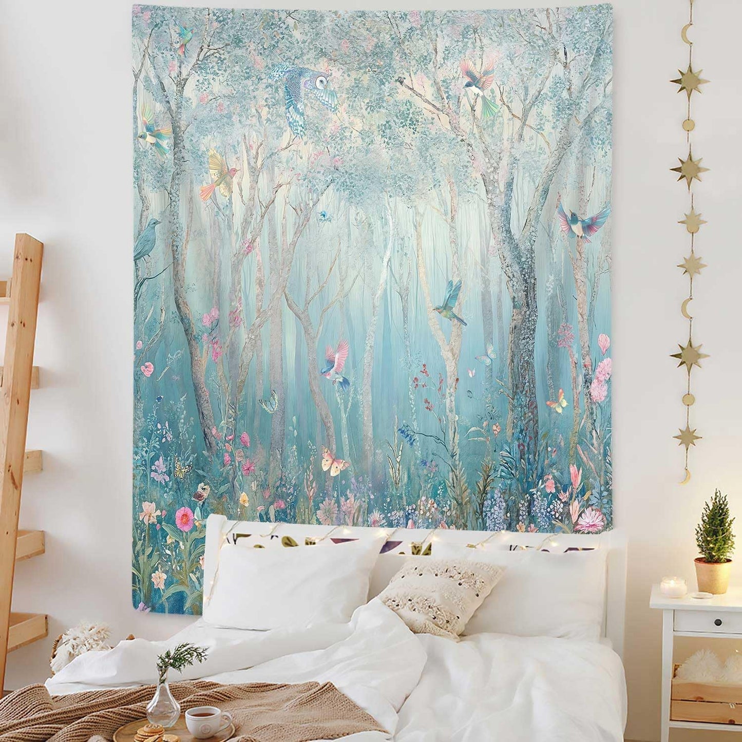 DYNH Enchanted Forest Tapestry,Fairytale Woodland Vertical Wall Hanging,Jungle with Tree Bird Flowers Plant Aesthetic for Bedroom Decor Art Tapestries Poster Blanket,60X71IN