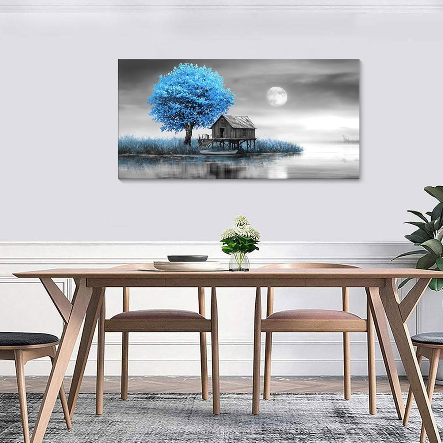 JEAWA Landscape Canvas Wall Art Decor - Blue Gray Wall Art for Bathroom Bedroom Study Dining Room, Winter Wall Art Canvas Paintings, Moon Pictures Wall Decor, Tree Art Wall Decor, 20x40 IN