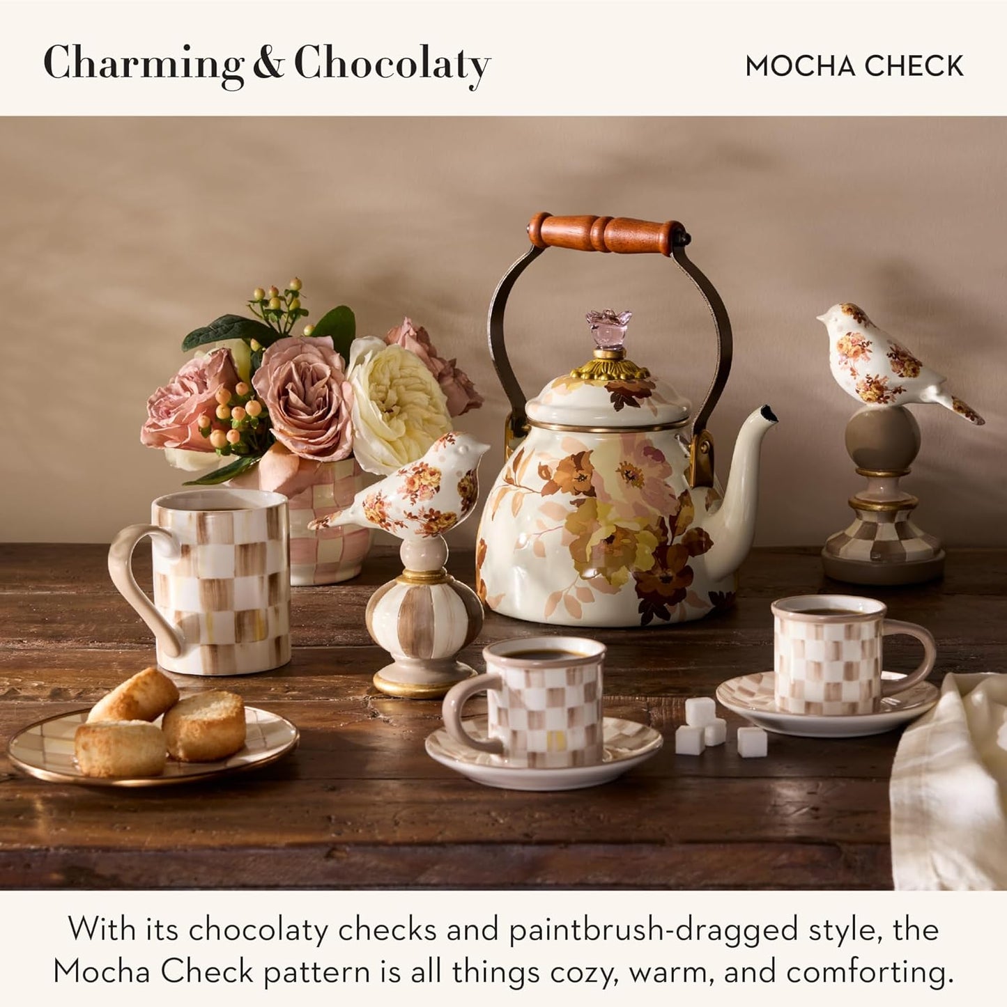 MACKENZIE-CHILDS Set of 2 Stoneware Espresso Cup and Saucer, Cute Coffee Cups, Brown-and-White Mocha Check