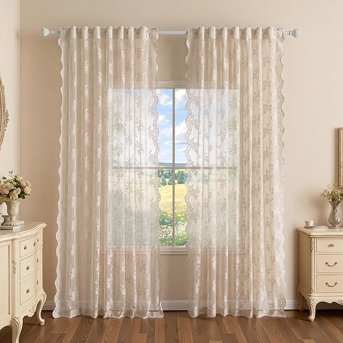 MEETSKY Boho Lace Sheer Curtains 90 Inches Long for Dining/Living Room Vintage Victorian Curtain French Elegant Back Tab Rod Pocket Light Filtering Drapes, 50" Wide Each Panel, 2 Panels, Oatmeal Beige