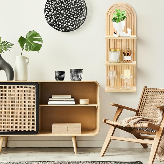 Geetery 2 Pcs Arch Wood Floating Shelf Mid Century Rainbow Wall Shelves Modern Boho Wall Shelf Retro Mounted Wood Arch Decor for Bedroom Living Room Classroom Bathroom Display(3 Tier)