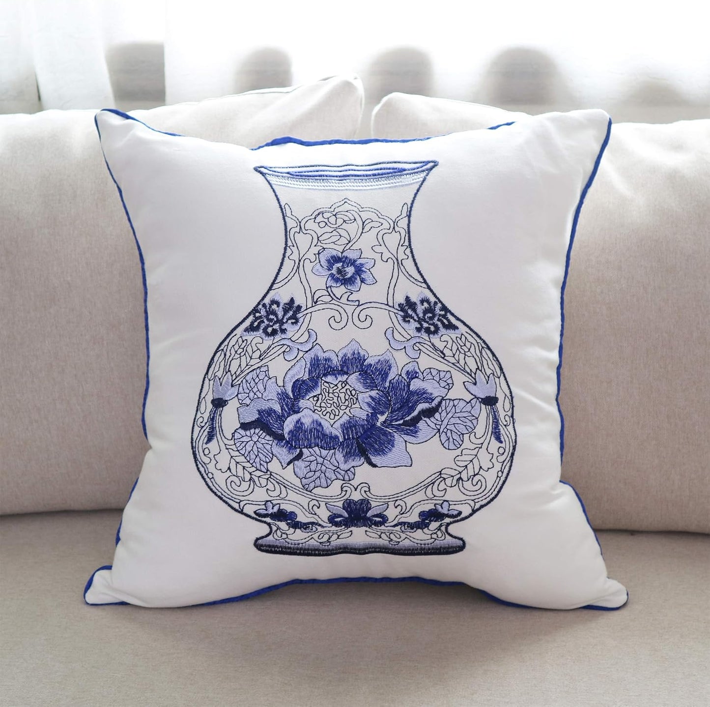Embroidery Throw Pillow Covers 18x18 Home Décor Floor Pillows Cover for Couch 100% Cotton Cushion Cover 45x45cm Decorative Pillowcase, Chinese Blue and White Porcelain Bottles, 4 Pieces