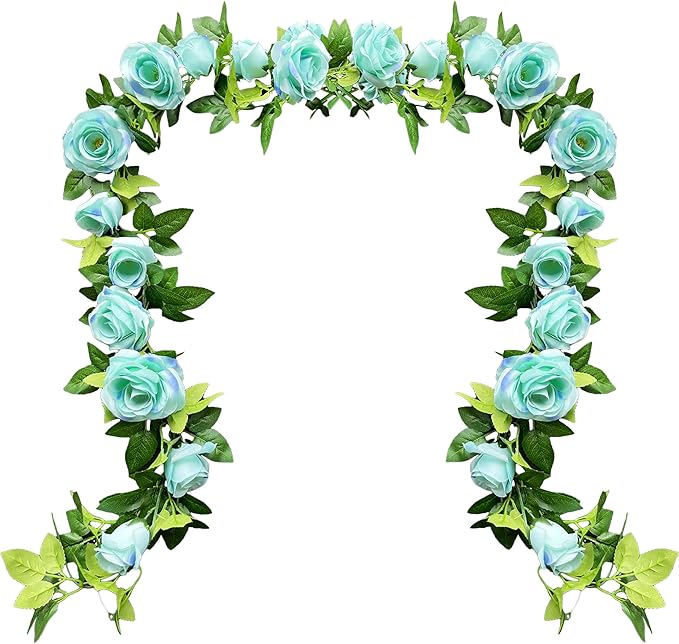 UKELER 2 Pack Artificial Flower Garland Fake Rose Vine Artificial Flowers Green&Blue Hanging Roses for Wedding Arch Party Garden Craft Home Decor