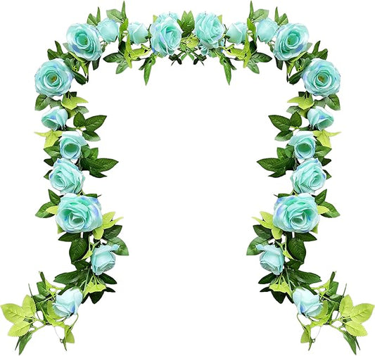 UKELER 2 Pack Artificial Flower Garland Fake Rose Vine Artificial Flowers Green&Blue Hanging Roses for Wedding Arch Party Garden Craft Home Decor