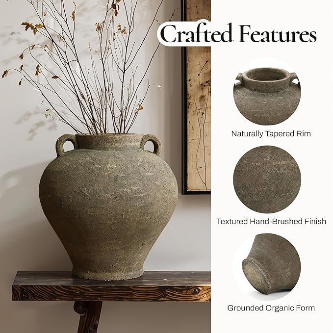 LuxenHome Rustic Large Flower Vase,14'' Tall Brown Terracotta Cauldron Vase,Farmhouse Decorative Vases for Dining Table Decor,Vintage Pottery Ceraimc Vase Living Room Office Home Decor