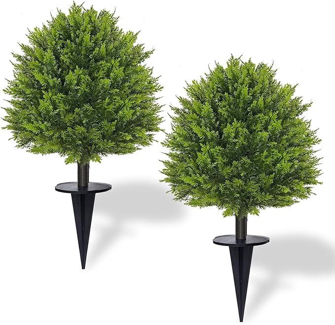2 Pack 24”Artificial Topiary Ball Tree with Spike Soft Cypress Realistic Faux Cedar Pines Christmas Trees UV Rated Fake Shrubs for Christmas Pot Fillers Front Door Porch Indoor Outdoor Xmas Decor