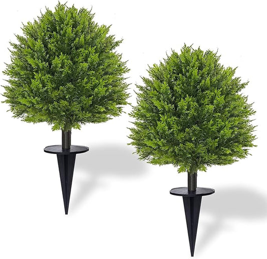 2 Pack 24”Artificial Topiary Ball Tree with Spike Soft Cypress Realistic Faux Cedar Pines Christmas Trees UV Rated Fake Shrubs for Christmas Pot Fillers Front Door Porch Indoor Outdoor Xmas Decor