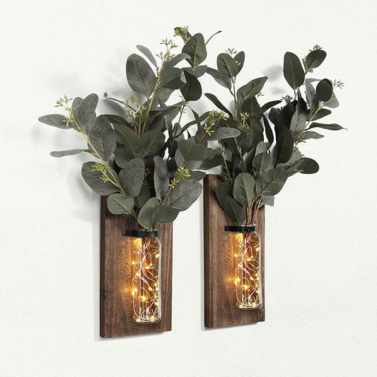 2 Pack Wood Glass Wall Sconces, Farmhouse Planters for Indoor Plants, Rustic Decor for Living Room, Hanging Vase (Brown)