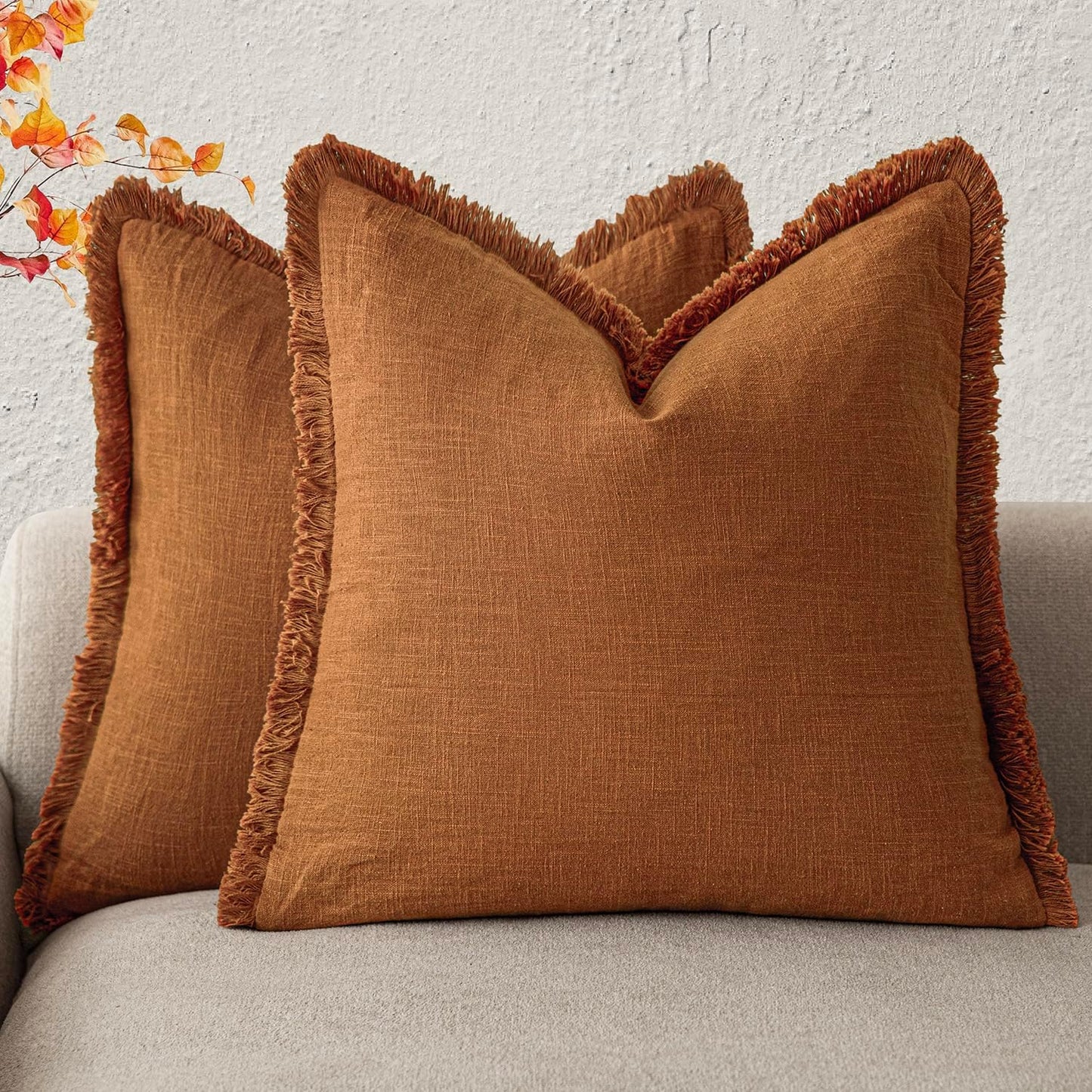 Foindtower Set of 2 Decorative Linen Fringe Throw Pillow Covers Cozy Boho Farmhouse Cushion Cover with Tassels Soft Accent Pillowcase for Couch Sofa Bed Living Room Home Decor, 20×20 Inch, Orange
