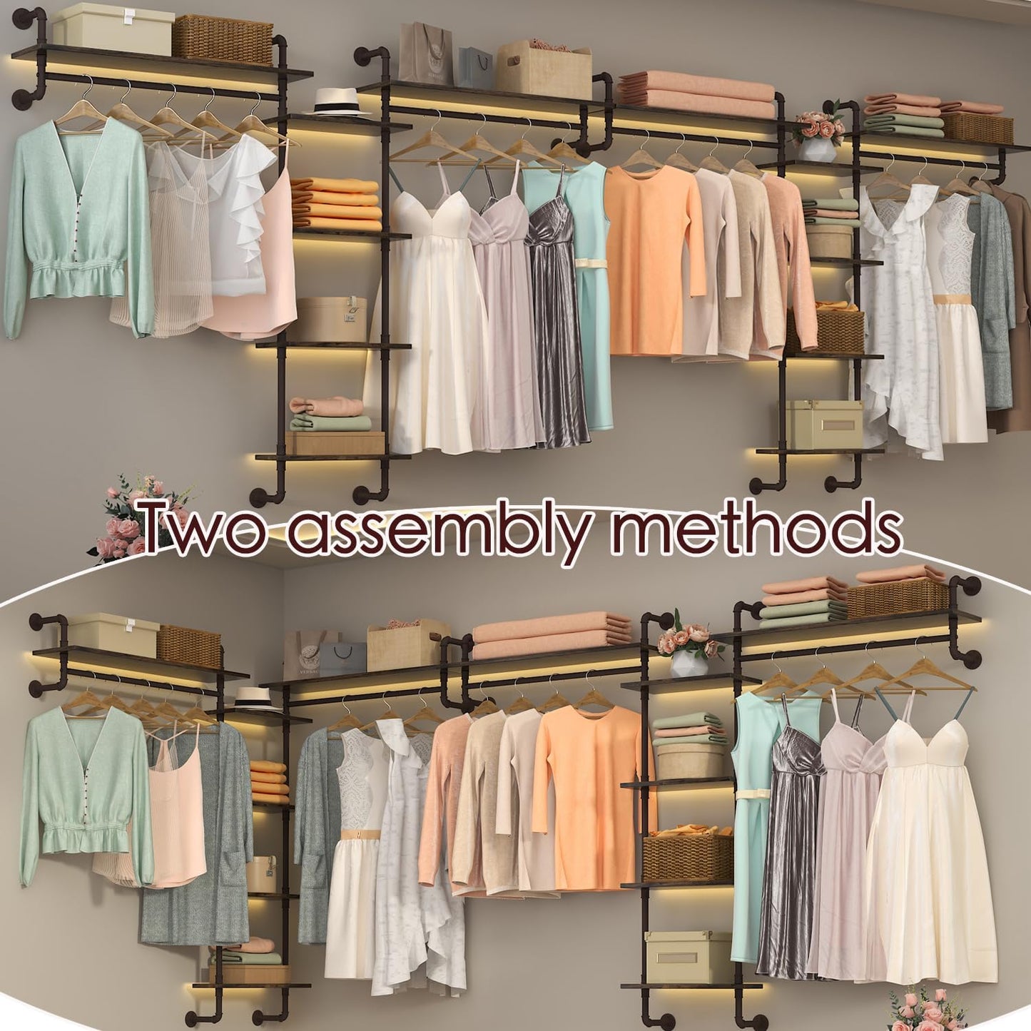 Helsin 5-Tiers 74inch Large Rustic Industrial Pipe Floating Shelving, Wall Mounted Heavy Duty Clothes Rack with Double Hanging Rods Display Storage Rack for Bedroom Organization & Home Décor