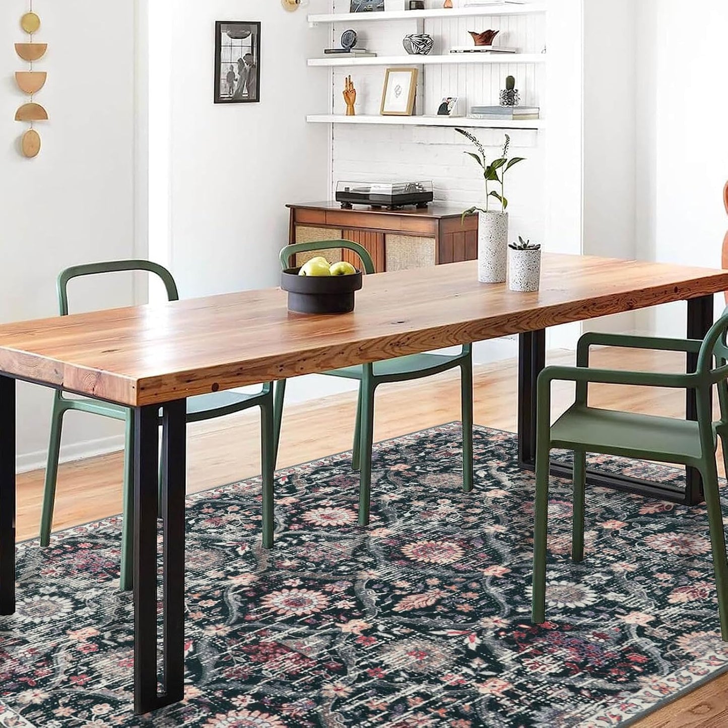 Lahome Moroccan Trellis Washable Small Area Rug, 3x5 Black Rug for Bedroom Living Room, Non-Slip Oriental Accent Throw Carpet for Kitchen Office Entryway Bathroom Office, Black/Multi