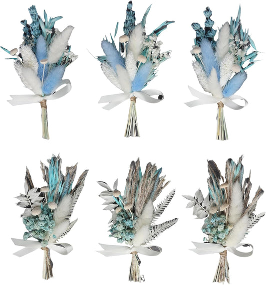 Mini Dried Flower Bouquet Set (6 pcs), Small Blue Bouquet, Boho Wedding Dinner Plate Decoration, Groom's and Best man's Boutonnieres, Bridesmaid Flower Girl Proposal Gift Box, Card Decoration. (Blue)