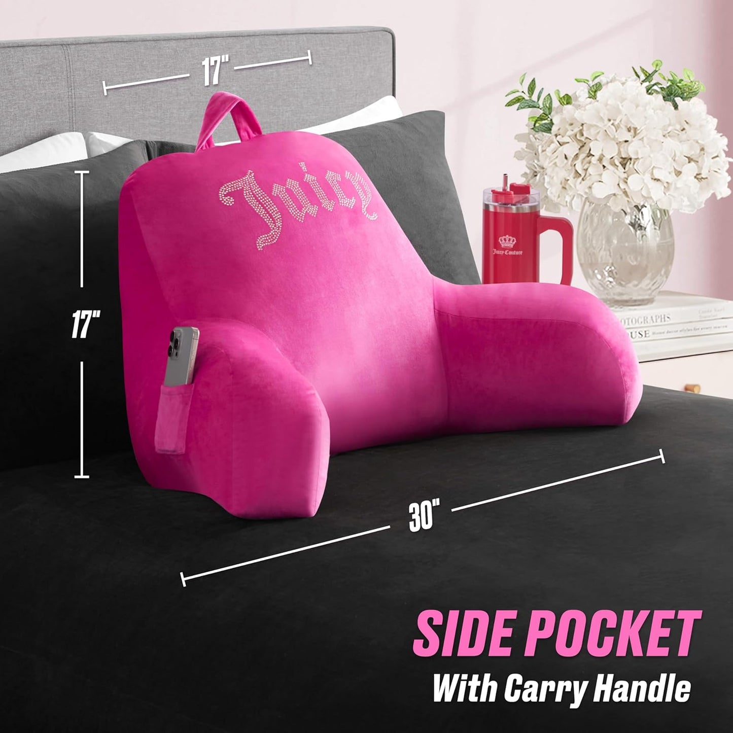 Juicy Couture Velour Backrest Pillow with Rhinestone Juicy Logo - 30"x17", Hot Pink Supportive Bed Rest Pillow for Reading, Gaming, or Relaxing