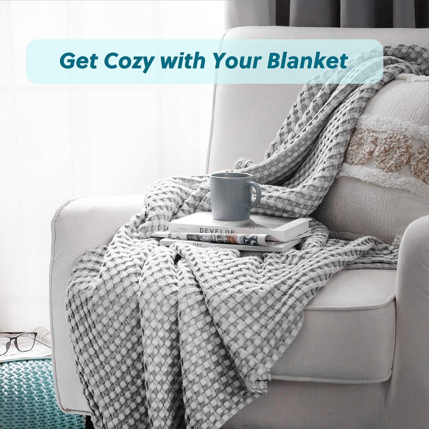 Bedsure Cooling Cotton Waffle King Size Blanket - Lightweight Breathable Summer Blanket of Rayon Derived from Bamboo for Hot Sleepers, Luxury Throws for Bed, Couch and Sofa, Grey, 104x90 Inches