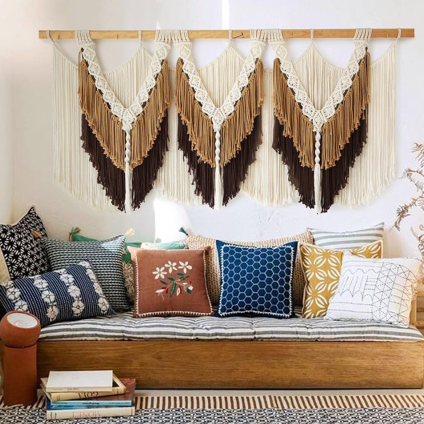 Macrame Wall Hanging Boho Wall Hanging Brown Dorm Wall Decor Craftsmanship Handmade Tassel Knotting Boho Fiber Art Home Room Decor 47" W x 25" L