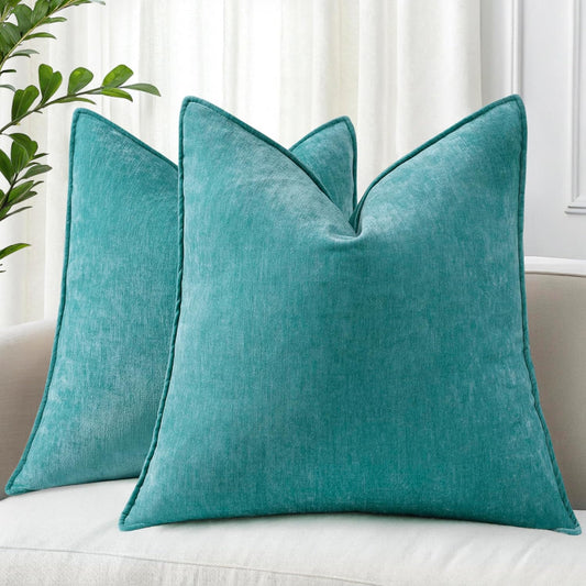 decorUhome Couch Throw Pillow Covers 18x18 Set of 2, Decorative Soft Euro Neutral Chenille Pillow Covers with Elegant Design for Sofa Bed Living Room Home Decor, Teal