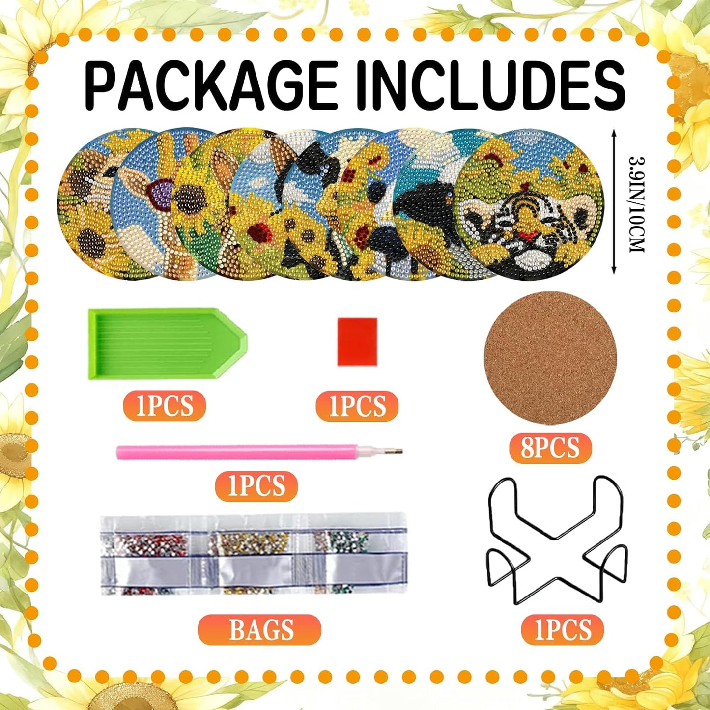 DOZEEZOP 8 PCS Animal Diamond Art Coasters Kit, Sunflower 5D Diamond Painting Coasters with Holder, Fall Small Diamond Art Kits for Adults Beginners, Diamond Dots Arts and Crafts Supplies