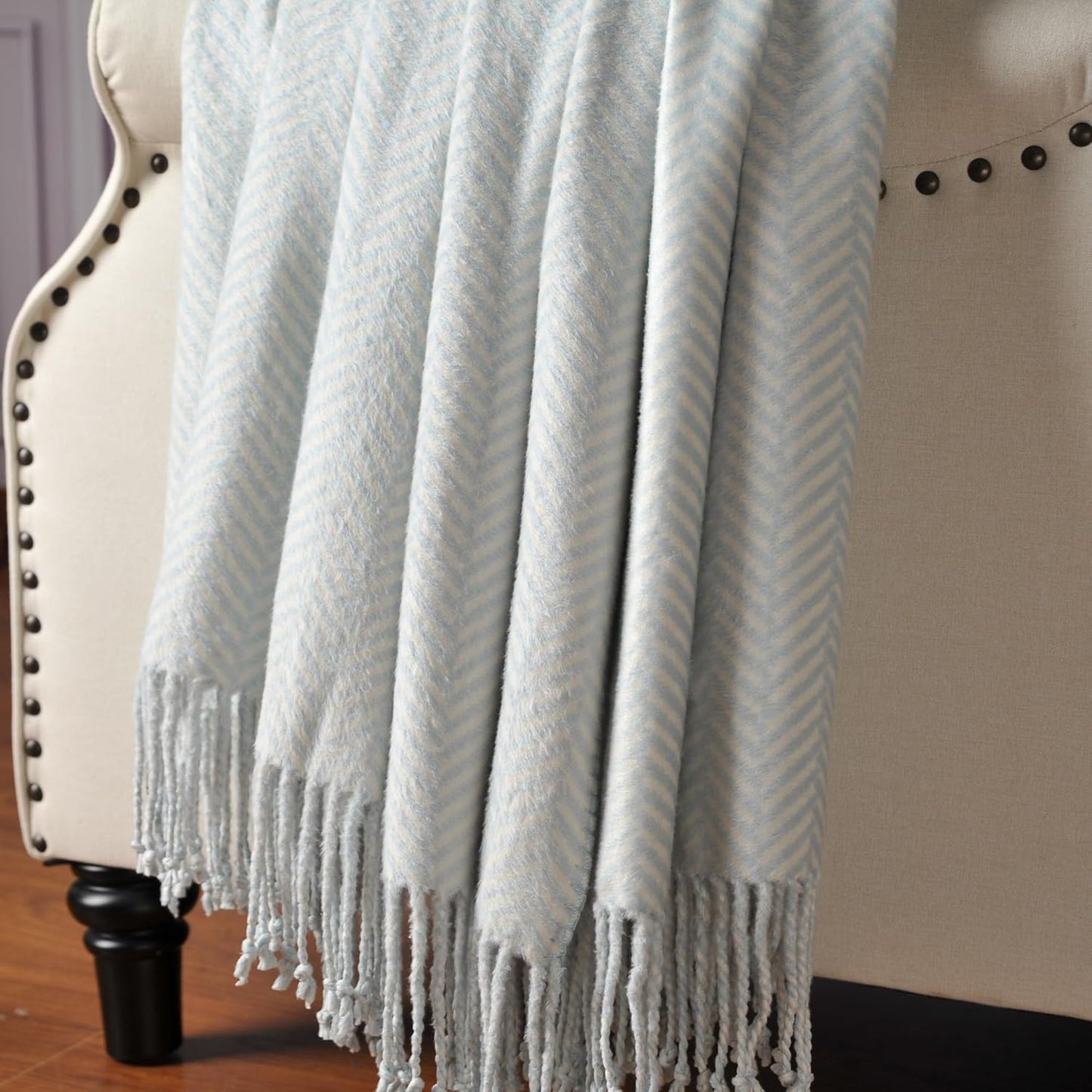 CUDDLE DREAMS Silk Throw Blanket with Hand-Knotted Fringe, Natural, Soft & Breathable (Herringbone Blue)