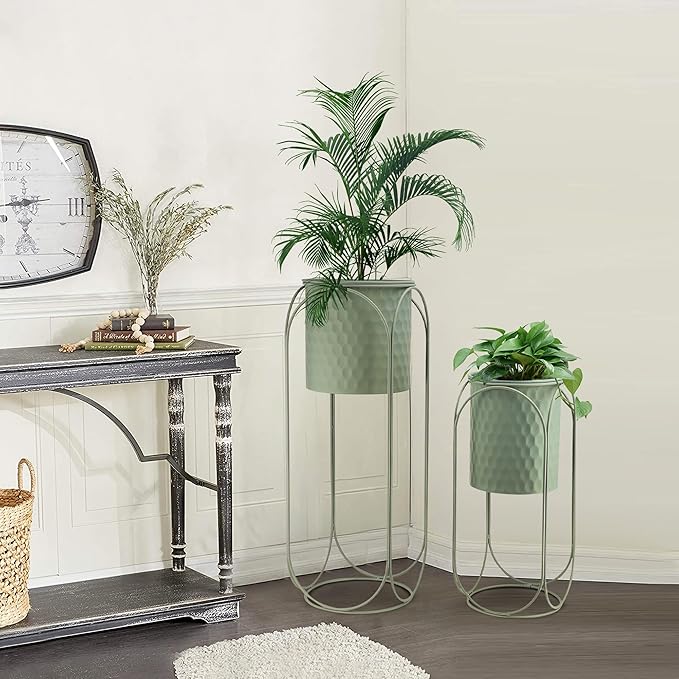 TRIROCKS Set of 2 Planters with Stand Indoor Otdoor Planters for Indoor Plants 26 &18" H Large Plant Pots for Living Room Corner Kitchen Office Garden Balcony Patio Decor(Green)