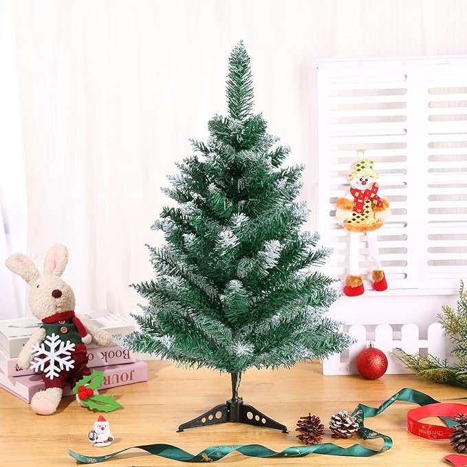 2Ft Artificial Christmas Tree Green Tabletop Christmas Tree with Flocking Snow Frost Tips Plastic Stand Mini Xmas Pine Tree for Party Supplies Indoor Outdoor Holiday Home Decoration