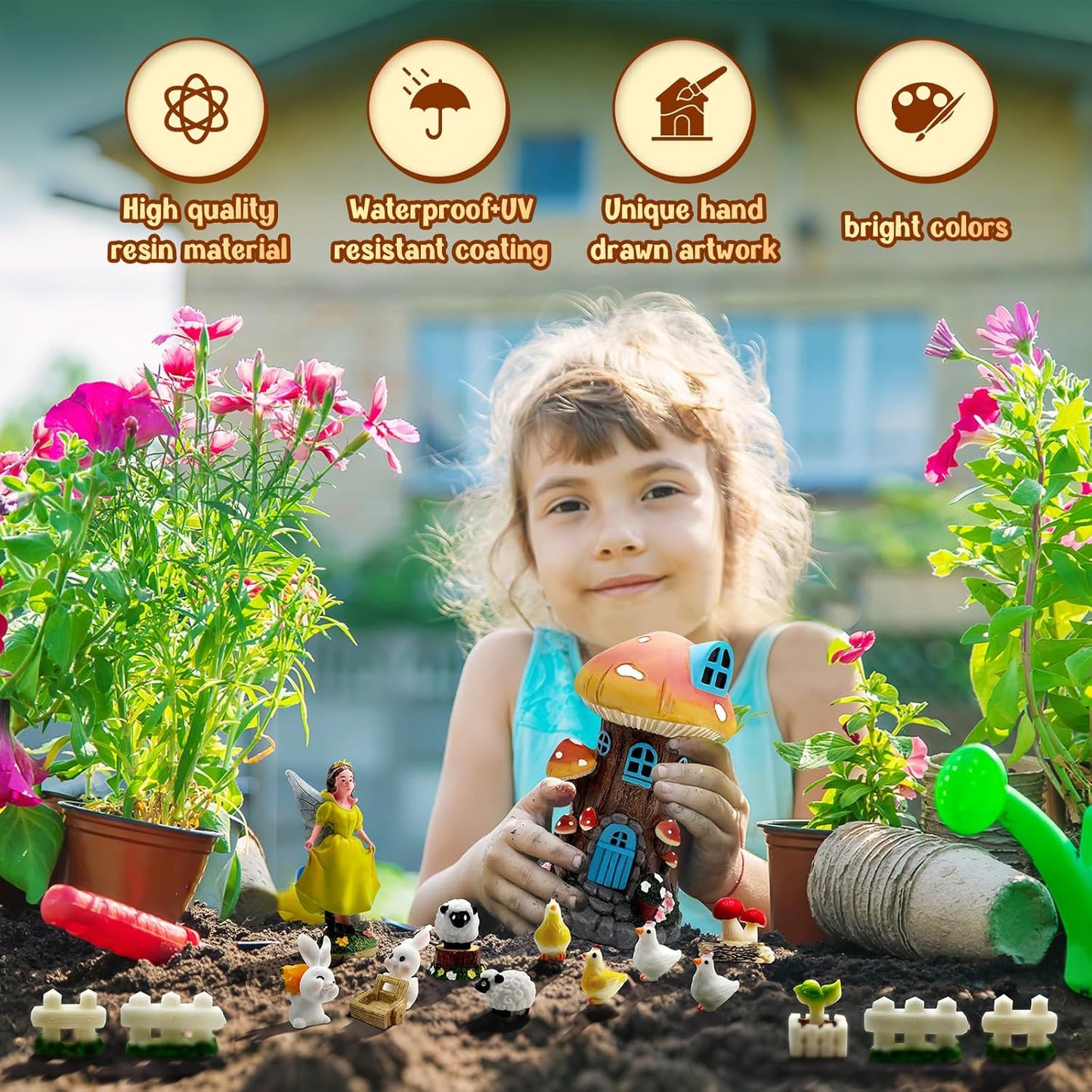 DONABELA Fairy Garden Kit Small Mushroom House Miniature Animals Figurines Accessories Outdoor Tiny Decor for Kids 18 PCS