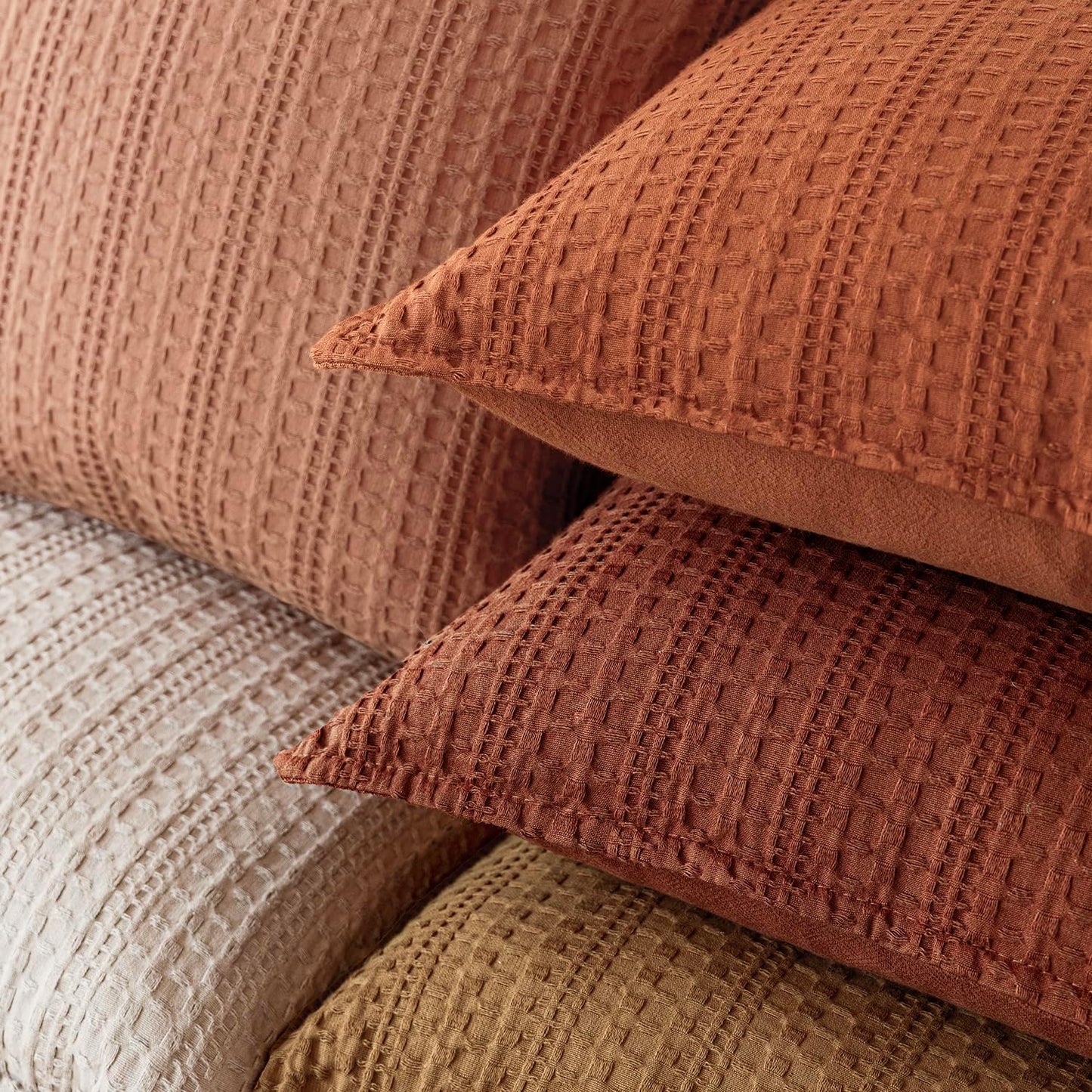 Foindtower Set of 2 Decorative Cotton Waffle Weave Throw Pillow Cover Euro Shams Cushion Covers Accent European Pillowcase For Bed Couch Sofa Bedroom Living Room Home Decor 26×26 Inch Fall Rust Orange