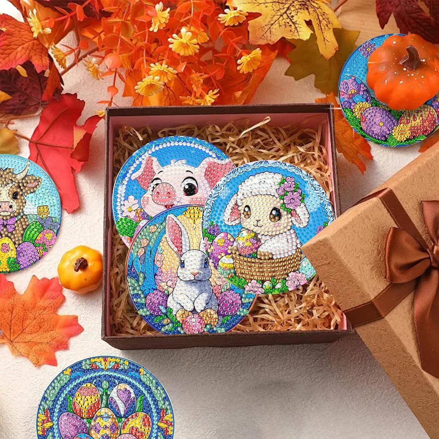 DOZEEZOP 6 PCS Diamond Art Coasters Kit, Diamond Painting Coasters with Holder, Fall Diamond Art Kits for Adults Beginners, Arts and Crafts Supplies Party Item Sets Cute Animals