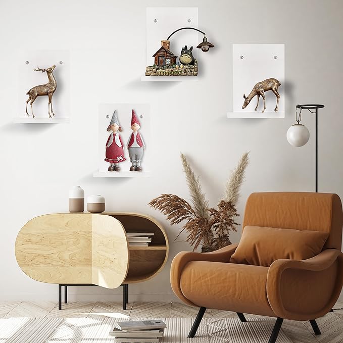 PHOENANCEE Small Wall Shelf Modern,Wooden Mini Floating Shelves,Indoor Wall Mounted Plants Shelf L Shaped,Midcentury Display Decorative Holder for Gallery Living Room Bedroom Porch,Pine,4 Pack(White)