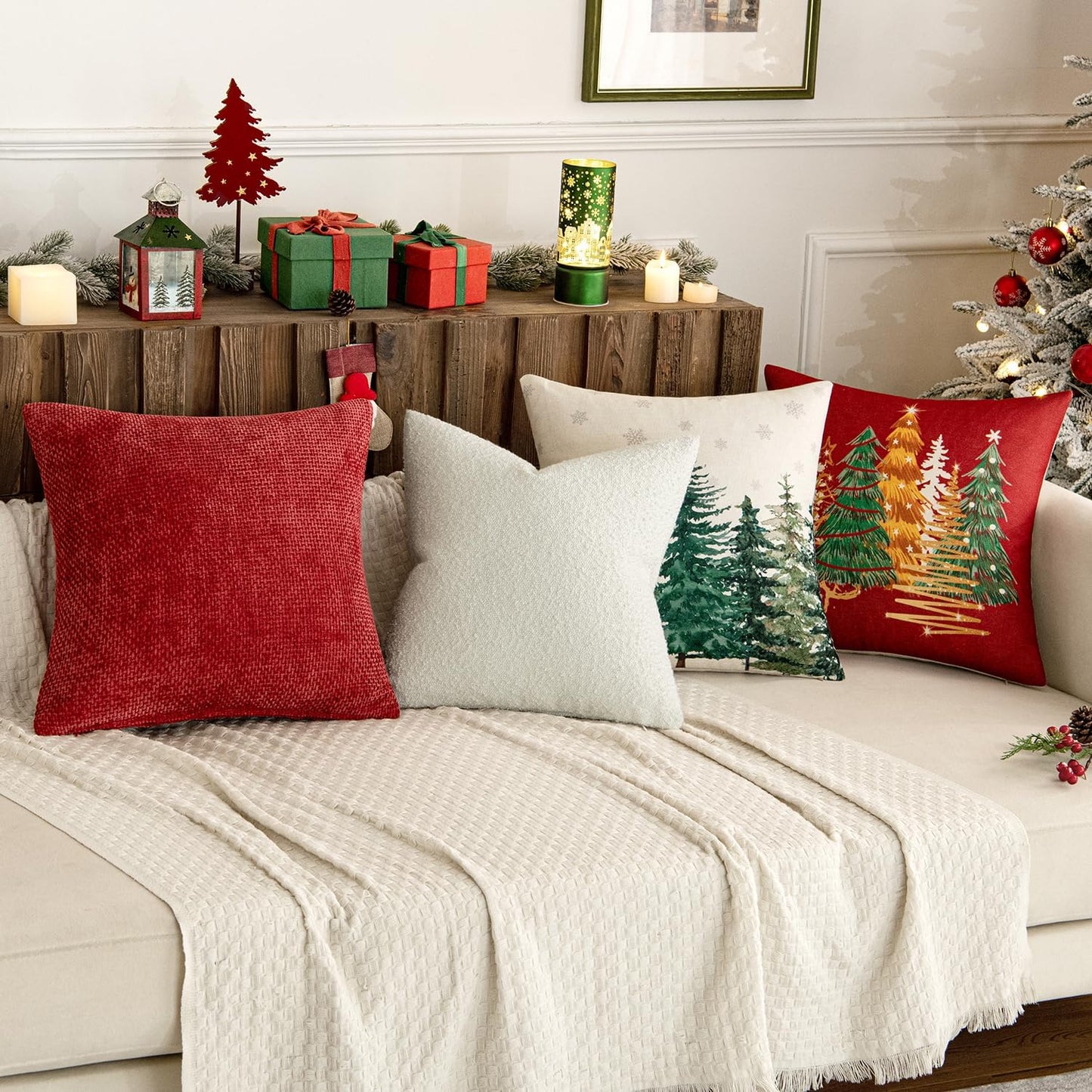 MIULEE 20x20 Inch Christmas Decorative Pillow Covers for Couch Bed Set of 2 Textured Boucle Neutral Winter Throw Pillows Red Accent Solid Cushion Pillowcases Sofa Livingroom Home Decor