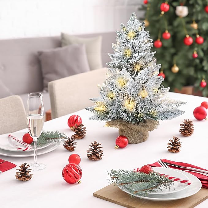 2ft Pre-Lit Artificial Mini Christmas Tree,24 Inch Snowy Flocked Small Tabletop Christmas Tree with LED Light,White Xmas Pine Tree for Home Desk Indoor Decor, Perfect with Burlap Base