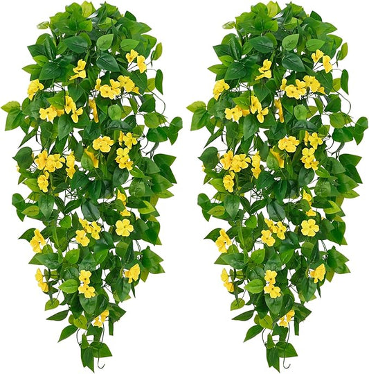 BLEUM CADE Artificial Hanging Flowers for Outdoors, 2pcs Fake Hanging Plants Pothos Vines with Yellow Flowers for Wall Home Living Room Indoor Outdoor Decor (No Baskets)