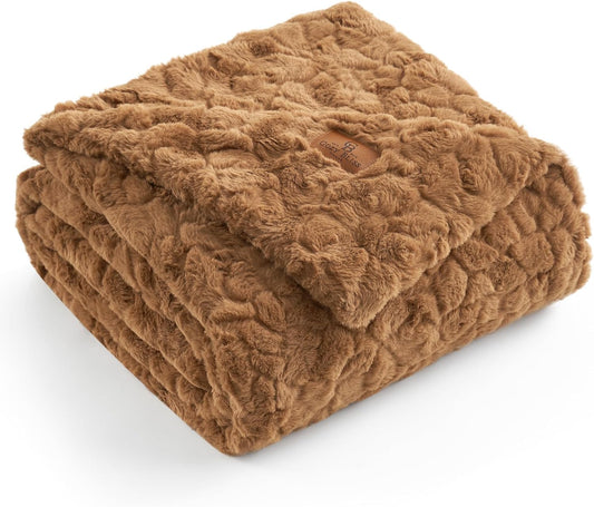 Cozy Bliss Faux Fur Throw Blanket for Couch, Fuzzy Soft Plush Thick Warm Fluffy Reversible Wave Textured Blanket for Sofa Bedroom Living Room, 55 * 70 Inches Brown