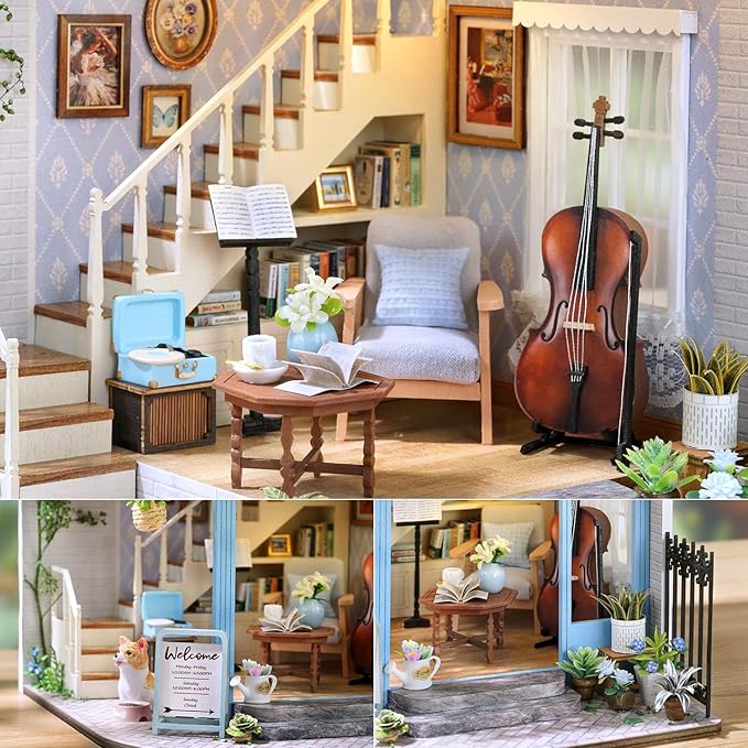TuKIIE DIY Miniature House Kit with Furniture, 1:24 Scale Creative Room Wooden Mini Dollhouse Plus Dust Proof & Music Movement for Kids Teens Adults(Symphony of Bliss)