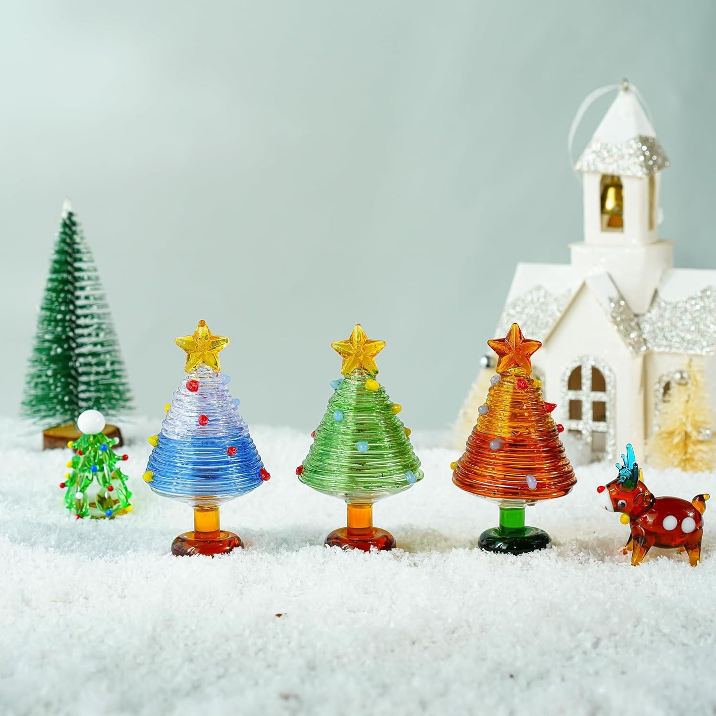 H&D HYALINE & DORA Set of 3, 3 Inch Blown Glass Christmas Tree Mini Handmade Christmas Tree Figurines Ornaments Art Glass Christmas Decoration for Home Tabletop Festival Gifts