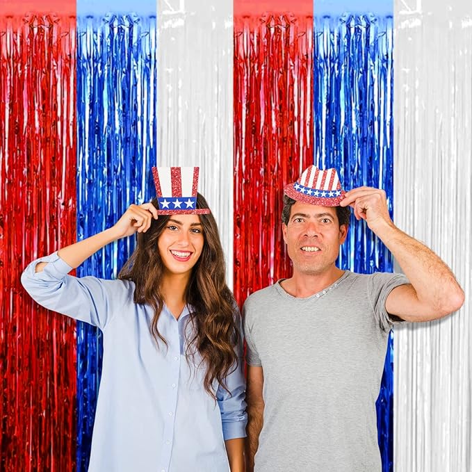 4 Pack Red Blue White Foil Fringe Curtain Backdrop, 3.28Ft x 9.8Ft Metallic Tinsel Foil Fringe Streamers Curtains for Photo Booth, Wedding, Mardi Gras, Birthday, Independence Day Party Decoration