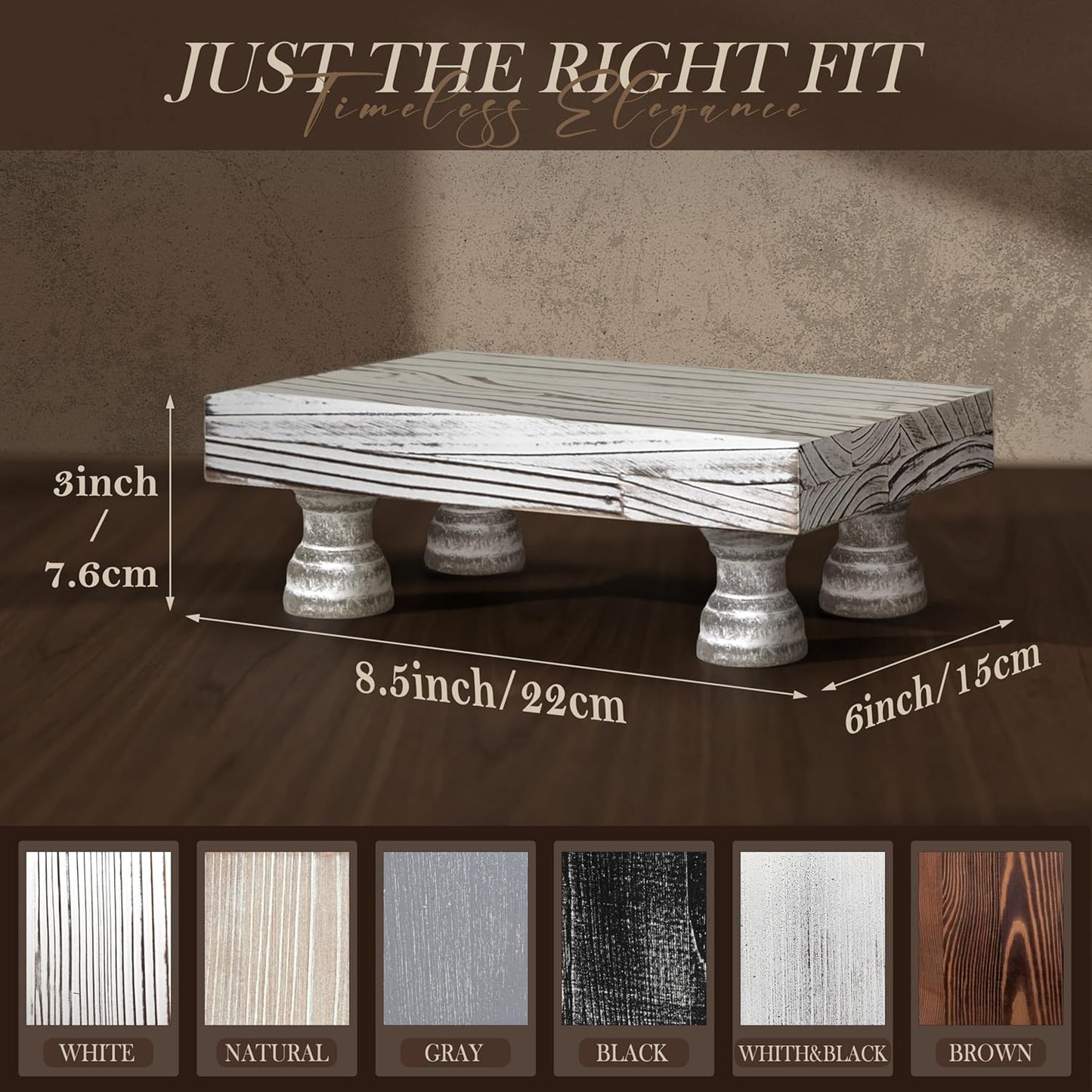 EOSAHR Boho Fir Wood Risers for Decor for Small Vanity - Decorative Risers Display Stand for Home Decor - Double as Plant Stand & Perfume Organizer (Distressed White, 8.5")