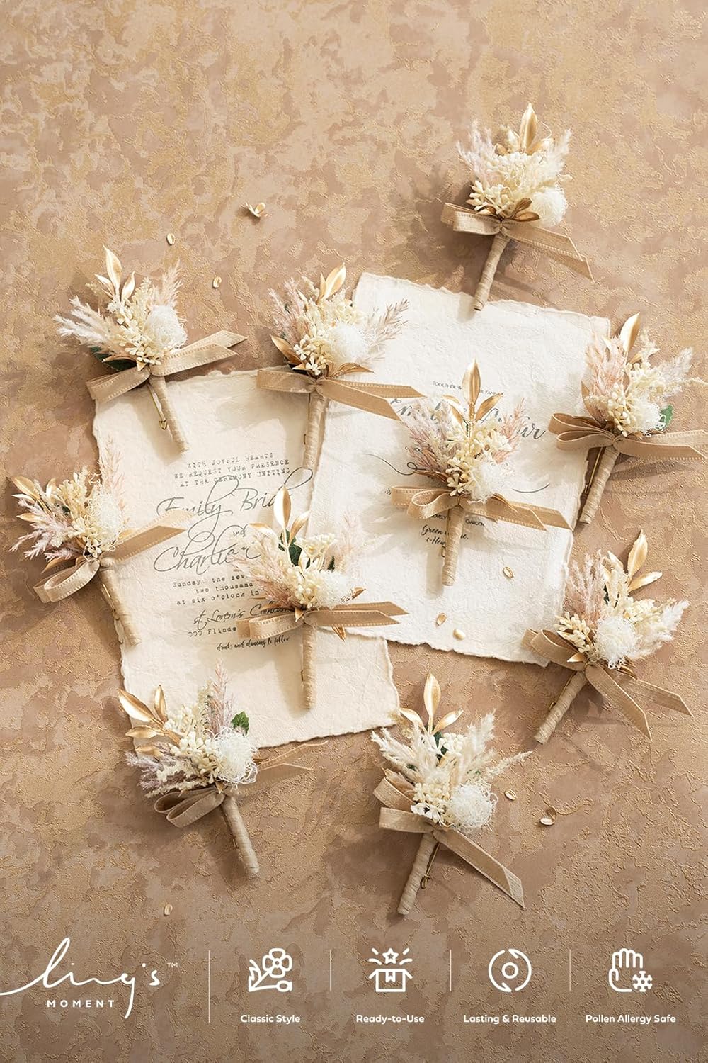 Ling's Moment Boutonniere for Men, 10pcs Groomsmen Guest Boutonniere, Artificial Flowers for Wedding Décor/Prom/Homecoming,etc.Beige