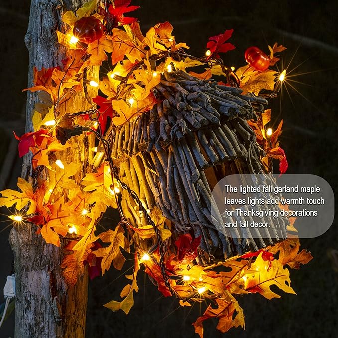 Thanksgiving Decorations Maple Leaf String Lights Plug in 120V, Fall Leaves Garland With Lights, 35 Bulbs Lighted for Halloween Outdoor Thanksgiving Decor