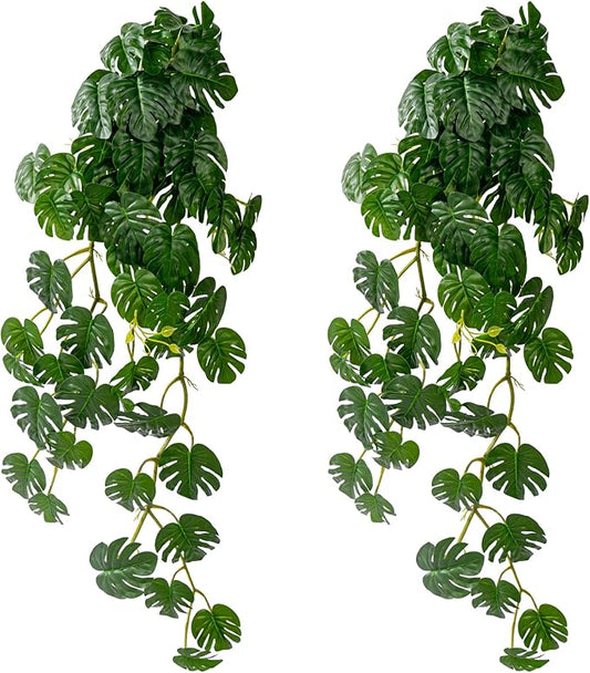 2 PCS Artificial Hanging Plants, Fake Hanging Monstera Leaves Ivy Vine Faux Greenery Tropical Palm Leaves Outdoor Hanging Plants Leaf Plant for Garden Home Decor