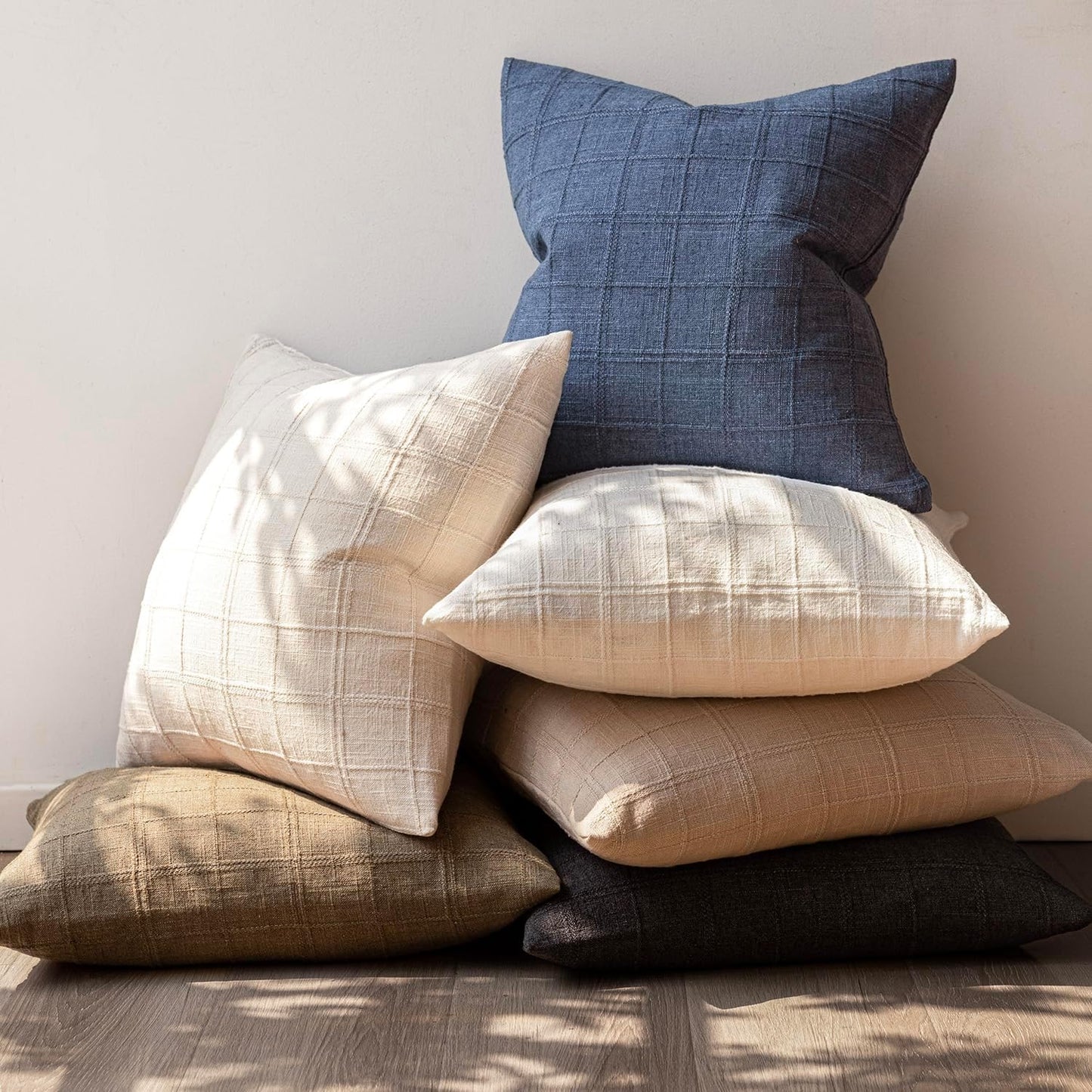 Foindtower Set of 2 Decorative Linen Check Throw Pillow Covers Neutral Farmhouse Vintage Cushion Covers Modern Boho Home Decor for Sofa Chair Couch Bedroom Living Room,24×24 Inch,Charcoal